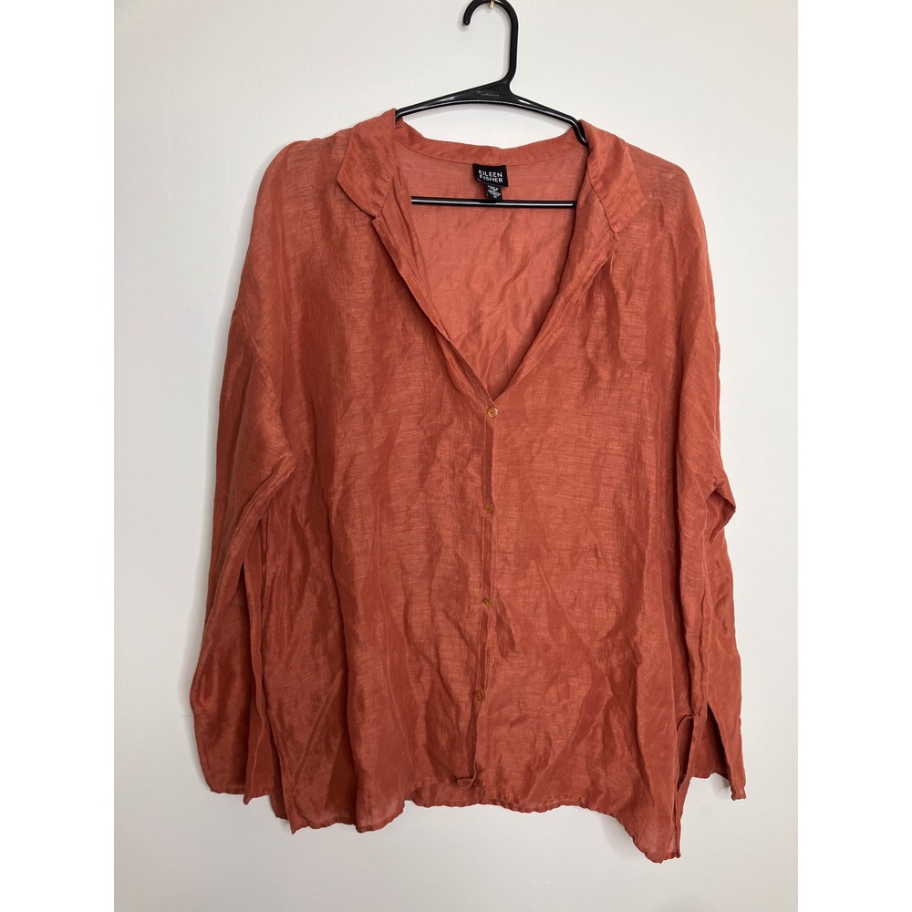 Eileen Fisher Button Down Shirt Womens Medium Orange Excellent Linen Silk Blend